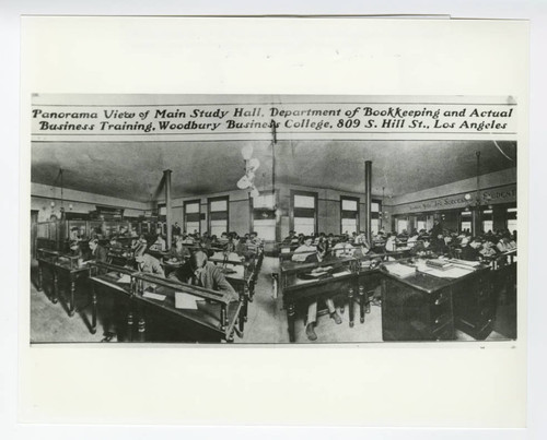 Panoramic View of Main Study Hall, Woodbury Business College, 809 S. Hill St., 1908