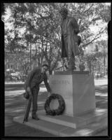 Otto Klemperer laying a wreath at Beethoven Statue in Pershing Square, Los Angeles, 1933