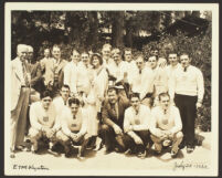 Peggy Hamilton, young men wearing Olympic games sweaters and men in suits at the Breakfast Club, Los Angeles, 1932