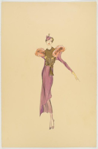 Robert Kalloch design : lavender dress with short gold bodice and fur-trimmed shoulders