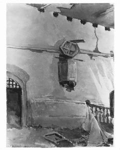 Painting depicting the pulpit and altar of the Mission La Purisima Concepcion, ca.1900
