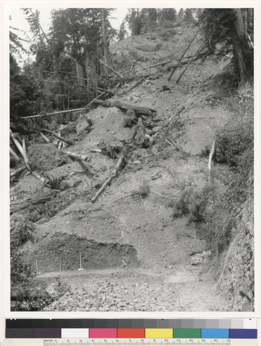 Landslide at angle of road in northeast bend of valley, the southern fork of Gualala River 3/4 of a mile above bridge, road