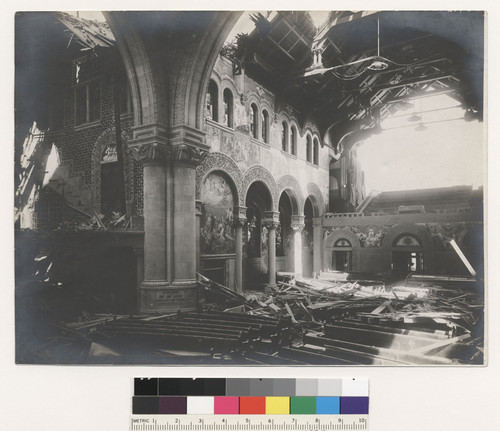 [Another view of wrecked interior or Memorial Chapel at Stanford University.]