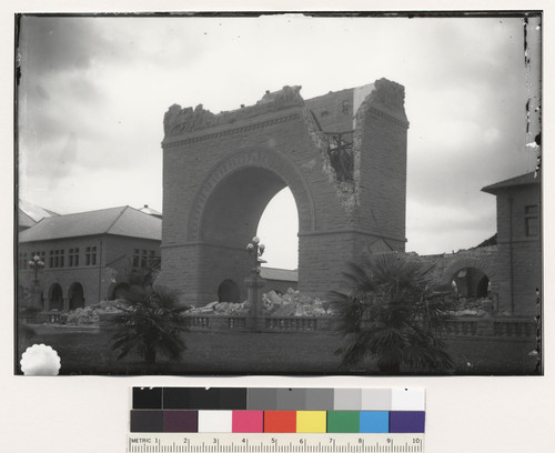 The broken top of the Memorial Arch at Stanford