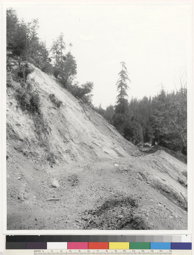 Landslides over tracks of logging railroad on north bank Gualala river. Partly excavated & buried again by con