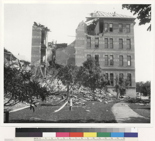 Administration building from north. The hole is the result of the fall of a tall belfry