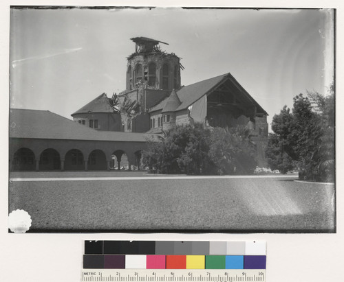 Wrecked tower and gable end of church at Stanford