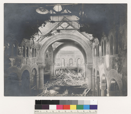 [Wrecked interior of Memorial Chapel at Stanford University.]