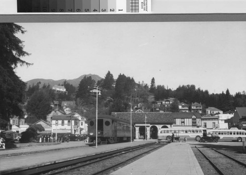 The Northwestern Pacific interurban railroad and bus depot at Lytton Square