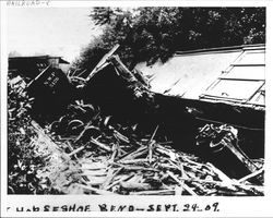 Train wreck in a cut near Horseshoe Bend on the Northwestern Pacific line, Occidental, California, 1909