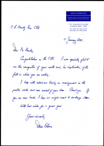 Letter to Charles Handy from Denis Osborne on Handy's CBE