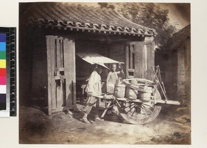 Portrait of water carrier with cart, Beijing, China, ca. 1861-1864