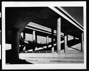 View from beneath a four-level freeway interchange in downtown Los Angeles, ca.1950-1959