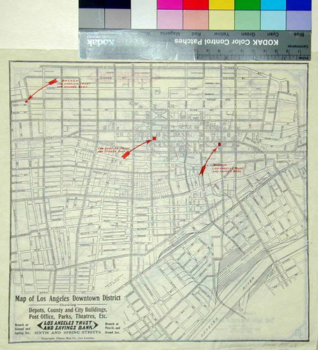 Map of Los Angeles downtown district : showing depots, county and city buildings, post office, parks, theaters, etc