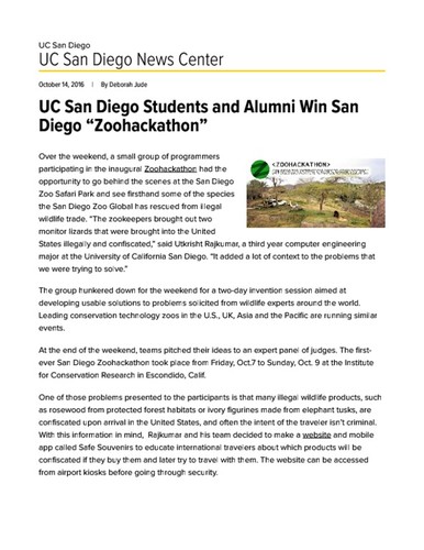 UC San Diego Students and Alumni Win San Diego “Zoohackathon”
