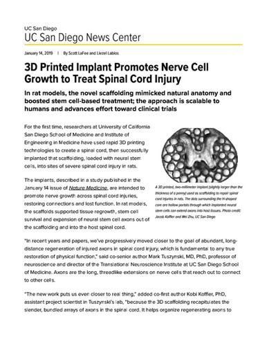 3D Printed Implant Promotes Nerve Cell Growth to Treat Spinal Cord Injury