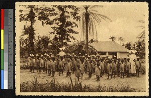 Mission children saluting Belgium, Mbandaka, Congo, ca.1920-1940