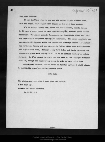 Letter from John Muir to Osborn [family], 1912 Apr 30