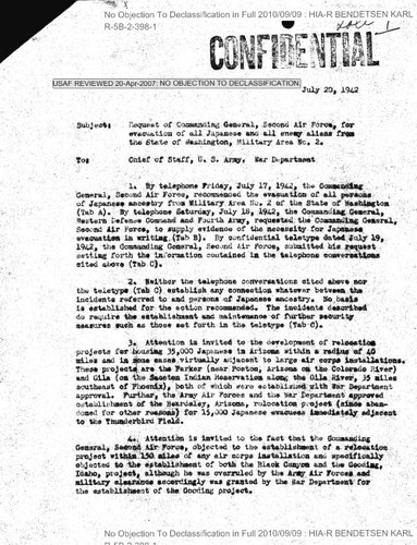 J. L. DeWitt memo regarding request of commanding general, Second Air Force, for evacuation of all Japanese and all enemy aliens from the State of Washington..., with attachments