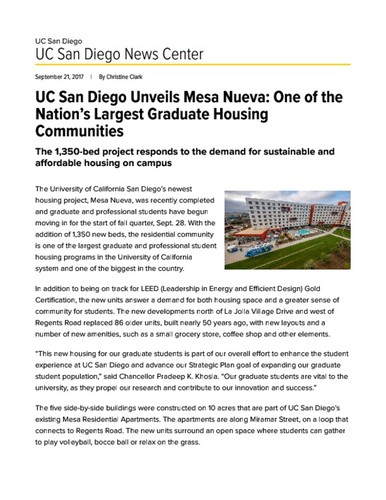 UC San Diego Unveils Mesa Nueva: One of the Nation’s Largest Graduate Housing Communities