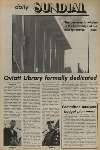 Daily Sundial, "Oviatt Library formally dedicated," October 25, 1973