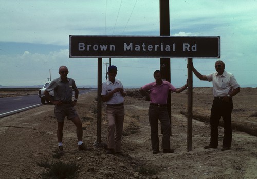 Stop at Brown Material Road, Kern County on a field trip. Robert N. Campbell (l), D.H. Hall, (Extension Specialist, Plant Pathology UCD), Professor R.J. Shepherd, and Doug Gubler (graduate student, later Extension Specialist at UCD)