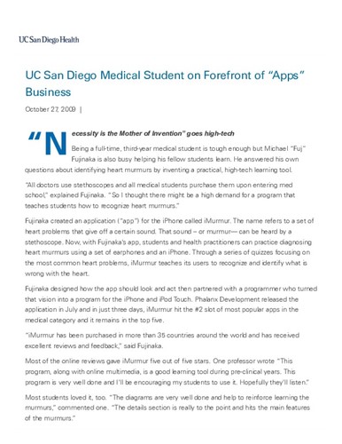 UC San Diego Medical Student on Forefront of “Apps” Business