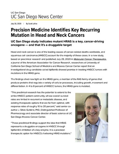 Precision Medicine Identifies Key Recurring Mutation in Head and Neck Cancers