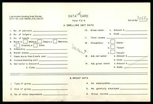 WPA Low income housing area survey data card 148, serial 30680, vacant