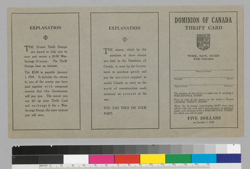 Dominion of Canada: Thrift Card: Five Dollars on January 1, 1924; on verso: Dominion of Canada Thrift Card: Affix only 25¢ Canada Thrift Stamps