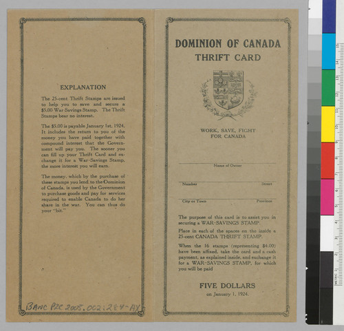 Dominion Of Canada: Thrift Card: Five Dollars on January 1, 1924