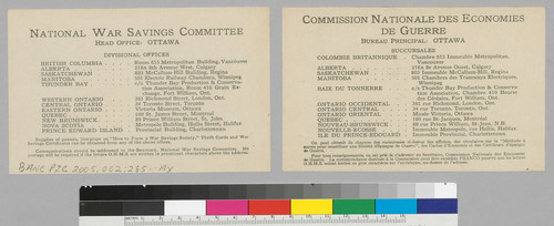 National War Savings Committee: Head Office: Ottawa Divisional Offices; on verso: printed in French Canadian Language