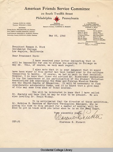 Letter from Clarence Pickett, Executive Secretary, American Friends Service Committee, to Remsen Bird, May 22, 1942