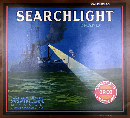 Searchlight ORCO Brand Valencias, Santiago Orange Growers Association fruit crate label, 1924