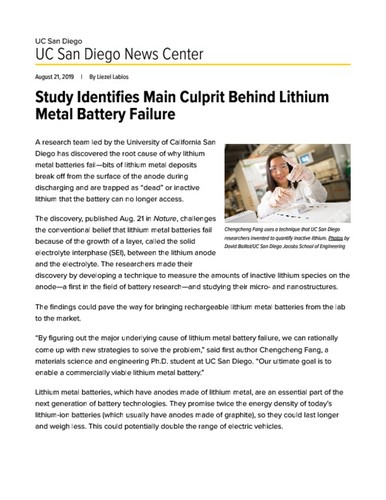 Study Identifies Main Culprit Behind Lithium Metal Battery Failure
