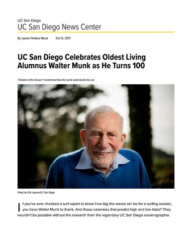 UC San Diego Celebrates Oldest Living Alumnus Walter Munk as He Turns 100