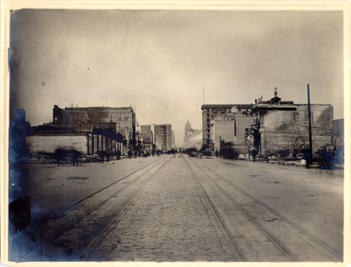 [View of ruins on Market Street, looking east]