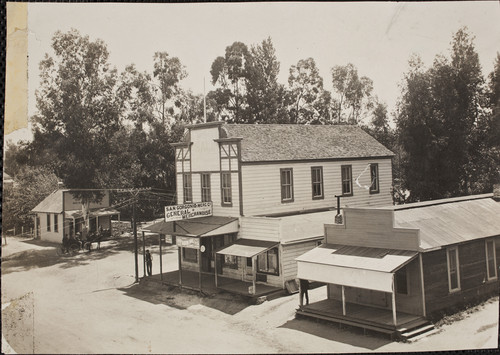 Buildings at the interaction of 5th Street and Egan Avenue in the 1890's. The Beaumont Post Office, the San Gorgonio Mercantile Company,and a pool hall are the three buildings pictured