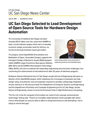 UC San Diego Selected to Lead Development of Open-Source Tools for Hardware Design Automation