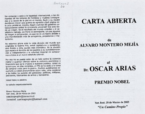 Carta abierta de Alvaro Montero Mejía al Dr. Oscar Arias