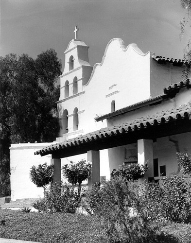 Mission San Diego De Alcala façade from right in San Diego County, CA