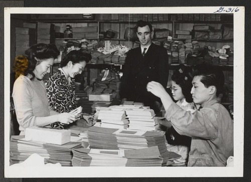 Happy at work are these four Nisei youngsters who are sorting and preparing photograph mountings in The Camera Shop location