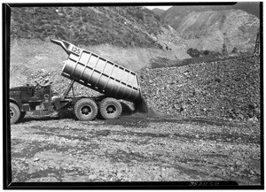 Dump truck at the site of the San Gabriel dam construction, 1936