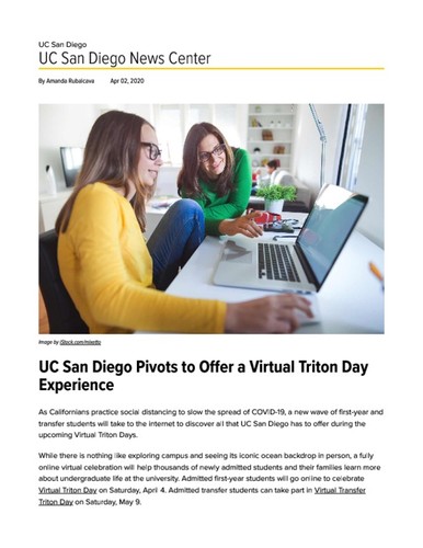 UC San Diego Pivots to Offer a Virtual Triton Day Experience