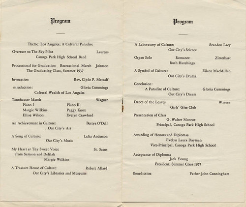 Canoga Park High School Commencement Brochure, 1937