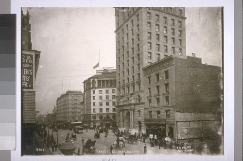 March 23, 1905. Market St. east from Grant Ave. Call Building, center; Hearst Building, center; Palace Hotel, left center. [No. 563. Photograph by T.E. Hecht.]