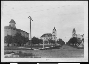 A view of a high school, a courthouse, and a Christian Church, in Albany, Oregon