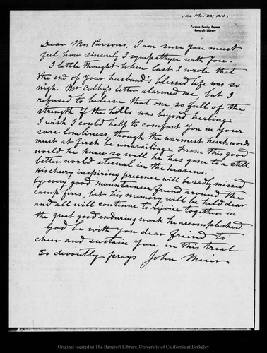 Letter from John Muir to [Marion R.] Parsons, [ca. 1914 May 23]