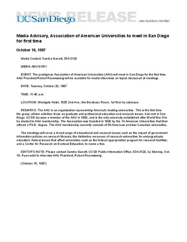 Media Advisory, Association of American Universities to meet in San Diego for first time
