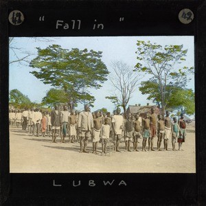 Group standing to attention at Lubwa Mission, Zambia, ca.1905-ca.1940